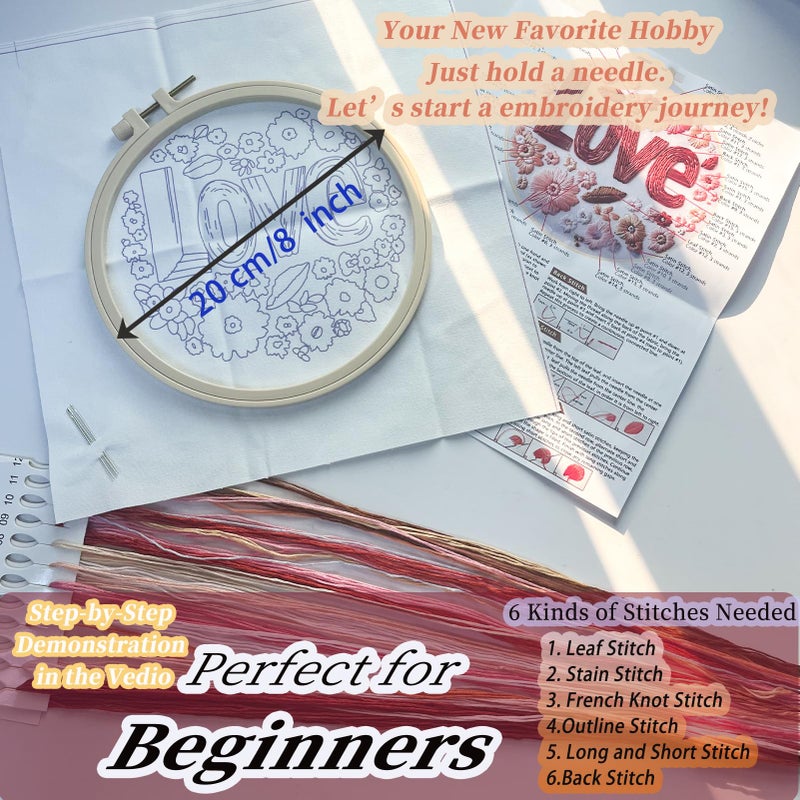 FONNUY I Love You Embroidery Kit for Beginners, Pre-Stamped Pattern Kits Gifts for Her Him, Romantic Anniversary for Women Men, Valentine's Day Gifts Thread Needlework, 8'' Hoop (Love 02) - Image 5