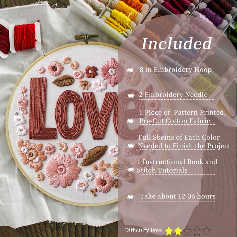 FONNUY I Love You Embroidery Kit for Beginners, Pre-Stamped Pattern Kits Gifts for Her Him, Romantic Anniversary for Women Men, Valentine's Day Gifts Thread Needlework, 8'' Hoop (Love 02) - Image 2