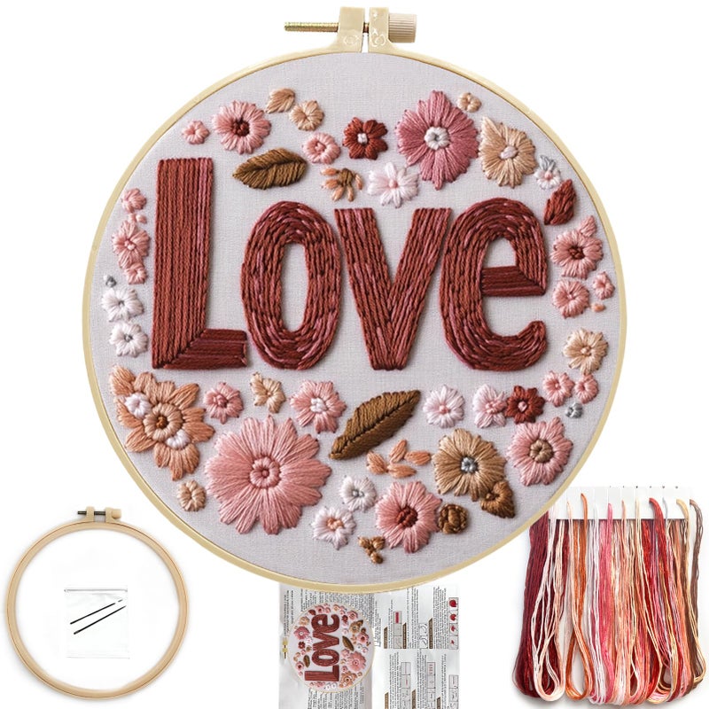 FONNUY I Love You Embroidery Kit for Beginners, Pre-Stamped Pattern Kits Gifts for Her Him, Romantic Anniversary for Women Men, Valentine's Day Gifts Thread Needlework, 8'' Hoop (Love 02) - Image 1