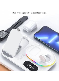 4 in 1 Wireless Charger With RGB LED Light And Clock For Apple iPhone 14/13/12 Series iWatch /Apple AirPods/Pro Samsung, Wireless 30W Fast Charging Station Dock Charger White