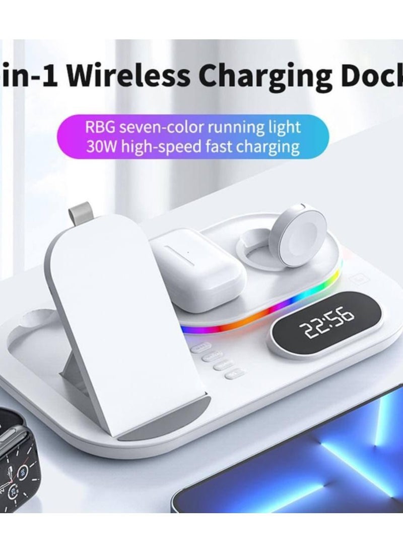 Vision - 4 in 1 Wireless Charger With RGB LED Light And Clock For Apple iPhone 14/13/12 Series iWatch /Apple AirPods/Pro Samsung, Wireless 30W Fast Charging Station Dock Charger White - Image 1