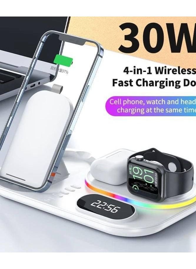Vision - 4 in 1 Wireless Charger With RGB LED Light And Clock For Apple iPhone 14/13/12 Series iWatch /Apple AirPods/Pro Samsung, Wireless 30W Fast Charging Station Dock Charger White - Image 1