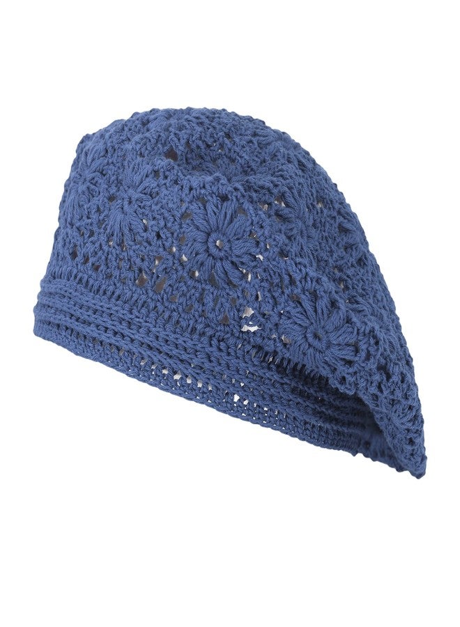 ZLYC Women Cotton Slouchy Crochet Beret Handmade Cutout Floral Beanie Hat (Plain Navy) - Image 4