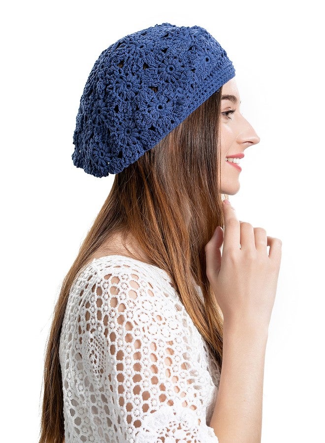 ZLYC Women Cotton Slouchy Crochet Beret Handmade Cutout Floral Beanie Hat (Plain Navy) - Image 3