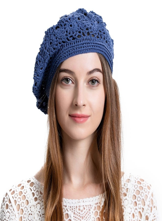 ZLYC Women Cotton Slouchy Crochet Beret Handmade Cutout Floral Beanie Hat (Plain Navy) - Image 1