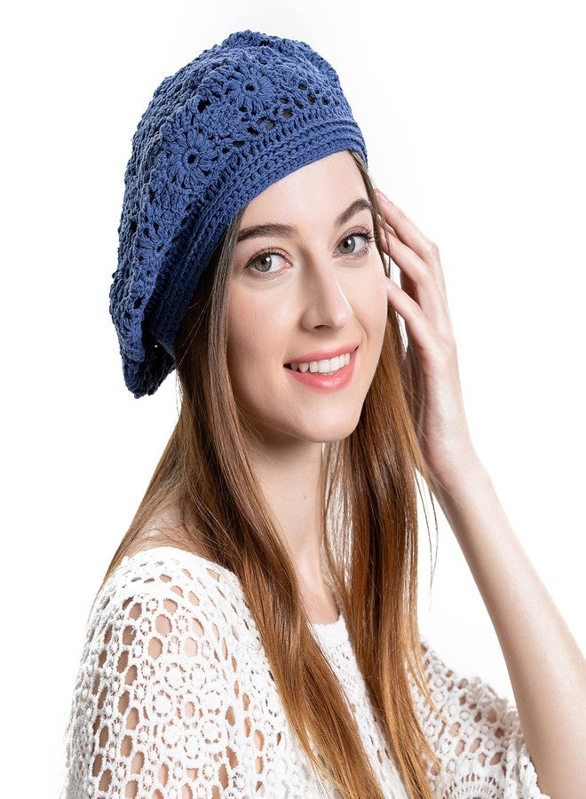 ZLYC Women Cotton Slouchy Crochet Beret Handmade Cutout Floral Beanie Hat (Plain Navy) - Image 2