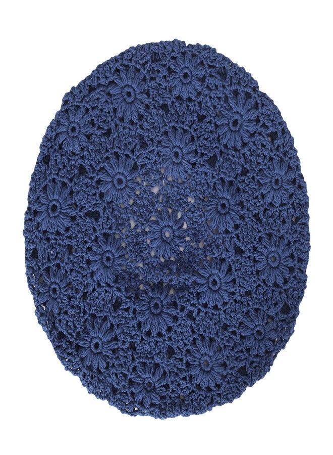 ZLYC Women Cotton Slouchy Crochet Beret Handmade Cutout Floral Beanie Hat (Plain Navy) - Image 5