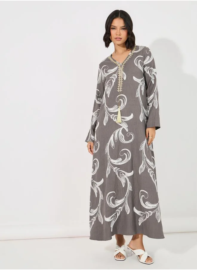 Styli All Over Embroidery Jalabiya with Gold Lace Trim