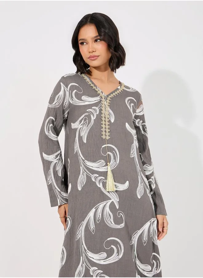 Styli All Over Embroidery Jalabiya with Gold Lace Trim