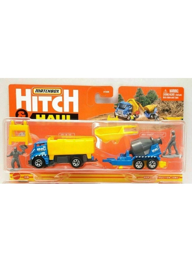 MATCHBOX مجموعة ماتش بوكس هيتش آند هول MBX منطقة البناء 2/8 (أزرق/أصفر) - شاحنة مائلة ومائلة، مقطورة أسمنت MBX، لافتة دخول، صينية أسمنت، رجل رقم 1 ورجل رقم 2 - Image 2