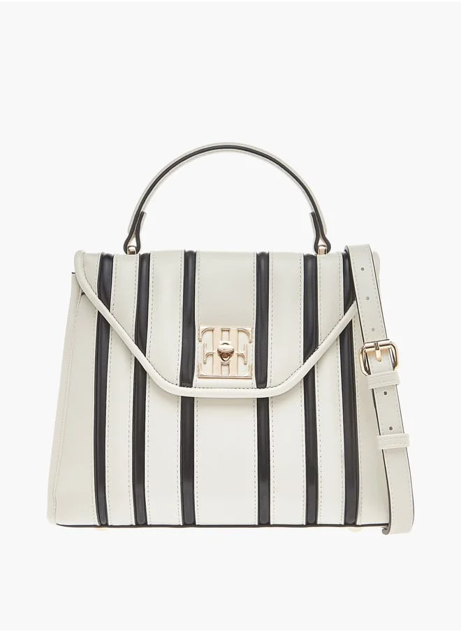 ELLE Womens Striped Satchel Bag With Twist Lock Closure And Adjustable Strap