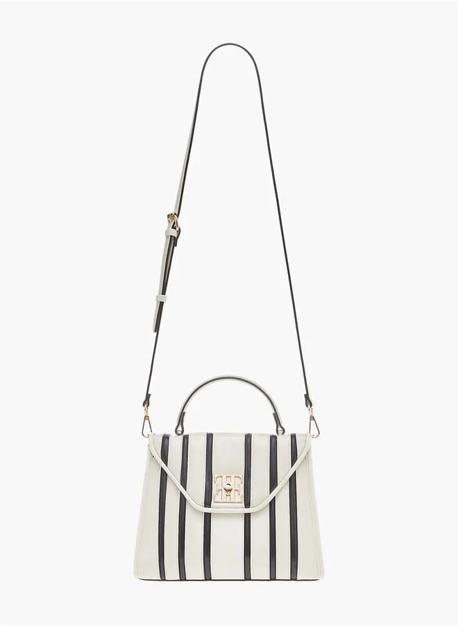 ELLE Womens Striped Satchel Bag With Twist Lock Closure And Adjustable Strap