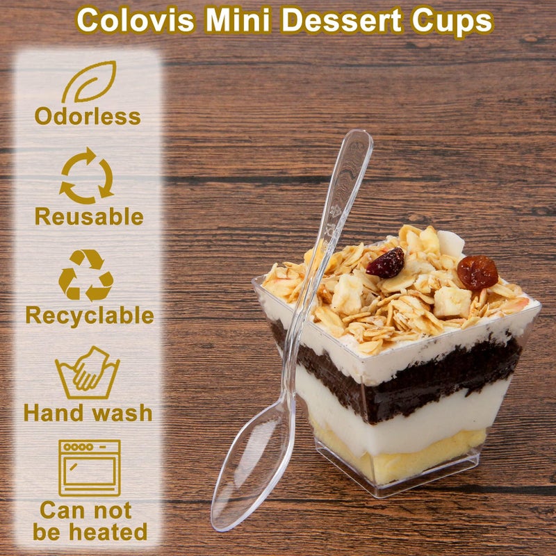 Colovis Mini Dessert Cups, 100 CT 2oz Clear Plastic Parfait Appetizer Cups with Spoons Mini Square Dessert Bowls for Serving, Tasting (100) - Image 4