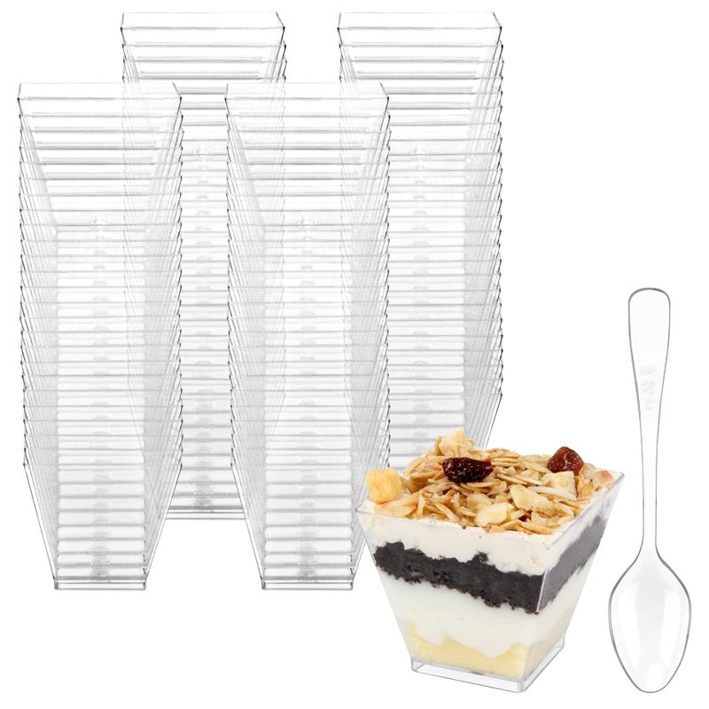 Colovis Mini Dessert Cups, 100 CT 2oz Clear Plastic Parfait Appetizer Cups with Spoons Mini Square Dessert Bowls for Serving, Tasting (100) - Image 1