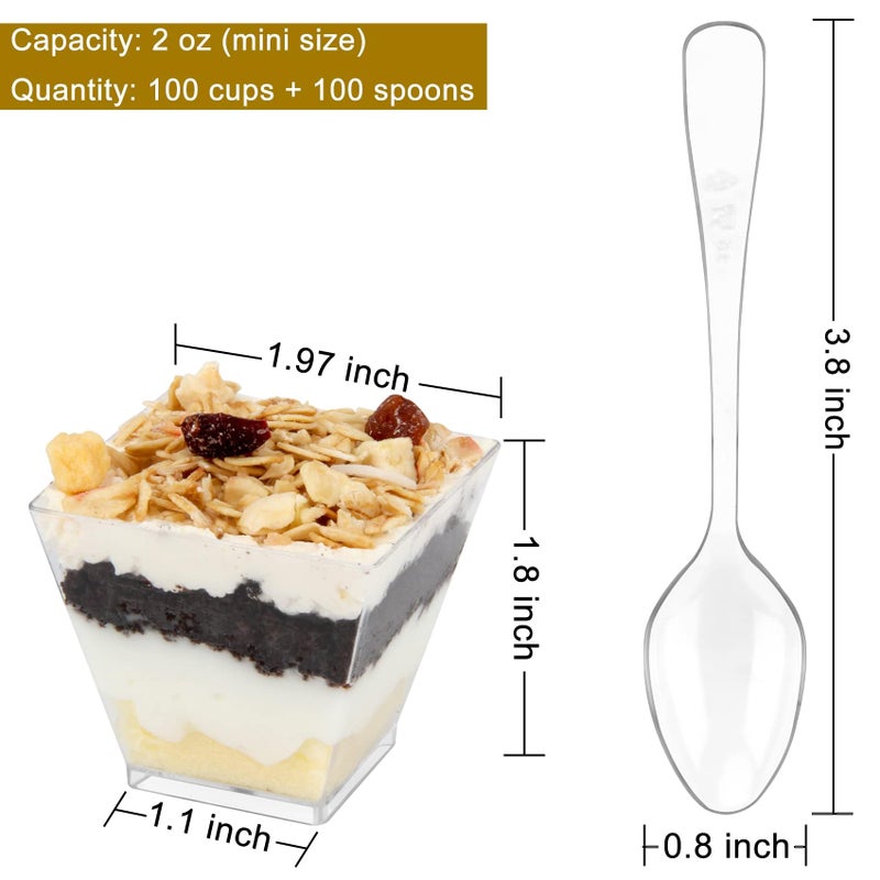 Colovis Mini Dessert Cups, 100 CT 2oz Clear Plastic Parfait Appetizer Cups with Spoons Mini Square Dessert Bowls for Serving, Tasting (100) - Image 2