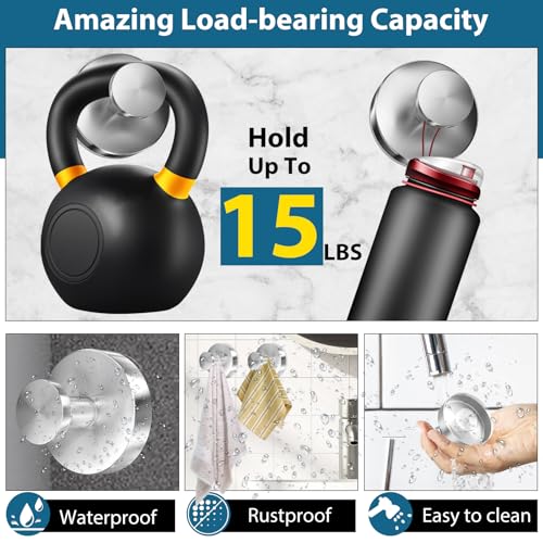 AbluFirst Suction Cup Hooks for Shower, 2 PCS No-Drill Towel Holder for Bathrooms Wall, Glass Door, Mirror, Tiles, Kitchen, Hold Robe & Wreath, Hanging up to 15 lbs – Waterproof & Rustproof, Loofah-Silver - Image 3