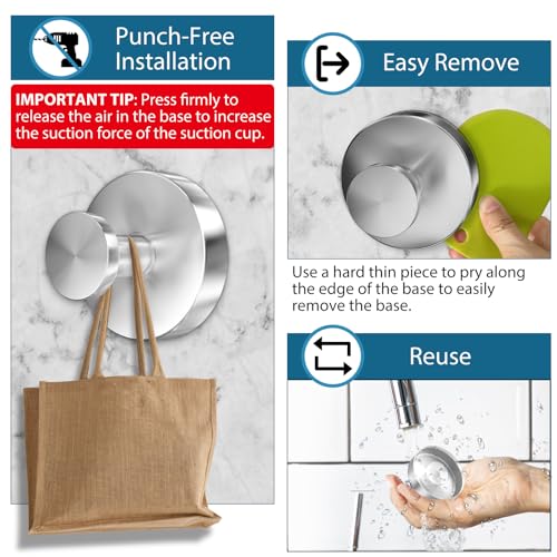 AbluFirst Suction Cup Hooks for Shower, 2 PCS No-Drill Towel Holder for Bathrooms Wall, Glass Door, Mirror, Tiles, Kitchen, Hold Robe & Wreath, Hanging up to 15 lbs – Waterproof & Rustproof, Loofah-Silver - Image 4