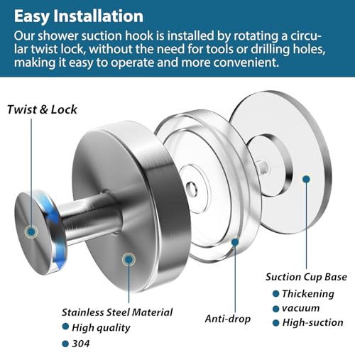 AbluFirst Suction Cup Hooks for Shower, 2 PCS No-Drill Towel Holder for Bathrooms Wall, Glass Door, Mirror, Tiles, Kitchen, Hold Robe & Wreath, Hanging up to 15 lbs – Waterproof & Rustproof, Loofah-Silver - Image 2