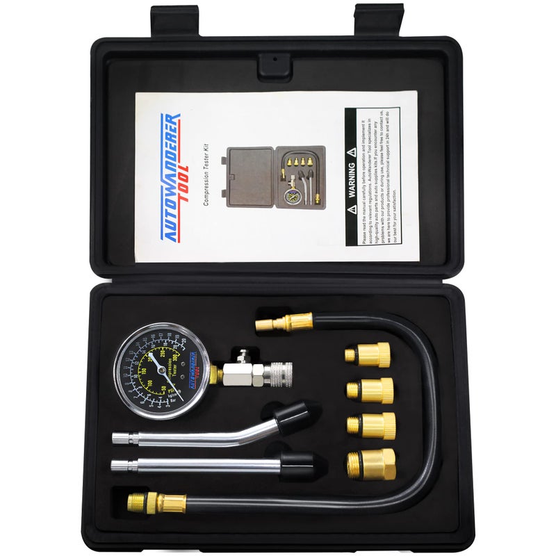 AutoWanderer Tool Engine Compression Tester Automotive 8Pcs Fuel Pressure Gauge Set with Adapter for Small Engines Cylinder Leak Down Tester for Petrol Gas Engine