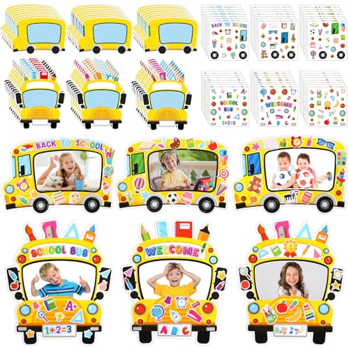 Pajean 48 Sets School Bus DIY Crafts Kit Yellow School Bus Picture Frames Back to School Stickers School Bus Birthday Photo Frames Decor for Student First Day of School Party Decor Supplies - Image 1