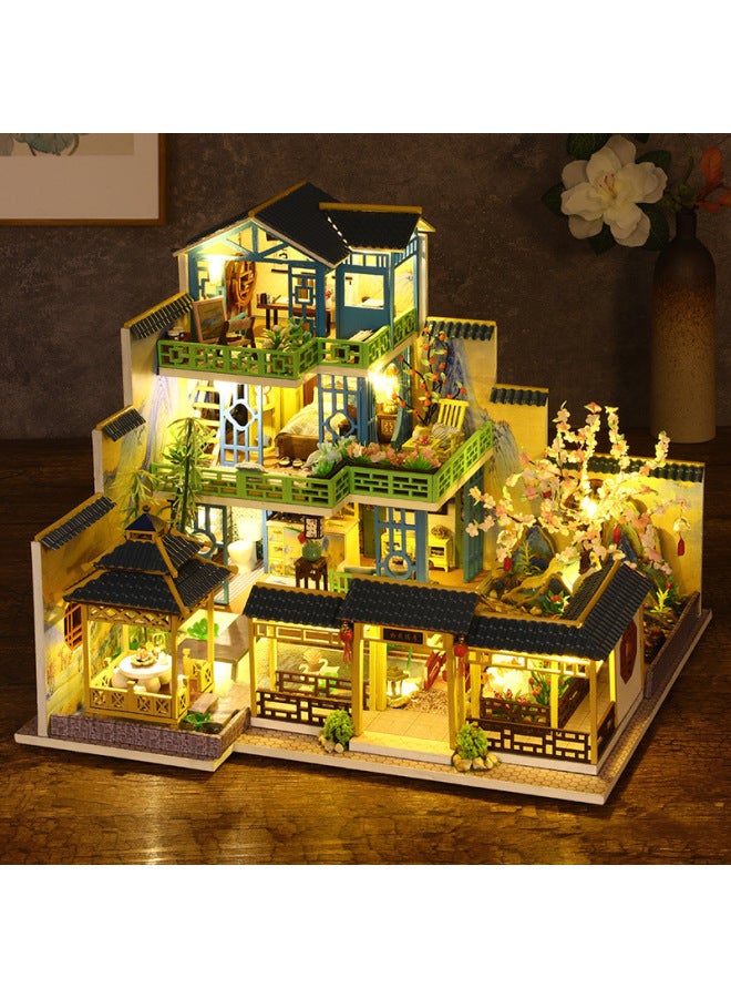 Qiaolexing Diy Cottage P013 Fuchun Mountain House تم تجميعه يدويًا على الطراز الصيني فيلا Art House نموذج لعبة - اللون: P013-A Fuchun Mountain Residence (بدون غطاء) + صيني - Image 1