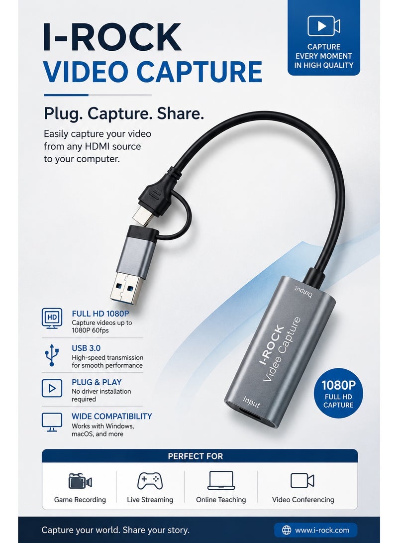 محول بطاقة التقاط الفيديو (Type-C و USB 3.0 إلى HDMI) لتسجيل الصوت والصورة؛ مخصص للبث المباشر، والألعاب، وإنشاء المحتوى، والعمل مع أجهزة PS4 وNintendo Switch والكاميرات وأجهزة الكمبيوتر المحمولة والمكتبية (بما في ذلك MacBook) والأجهزة المحمولة. - Image 2