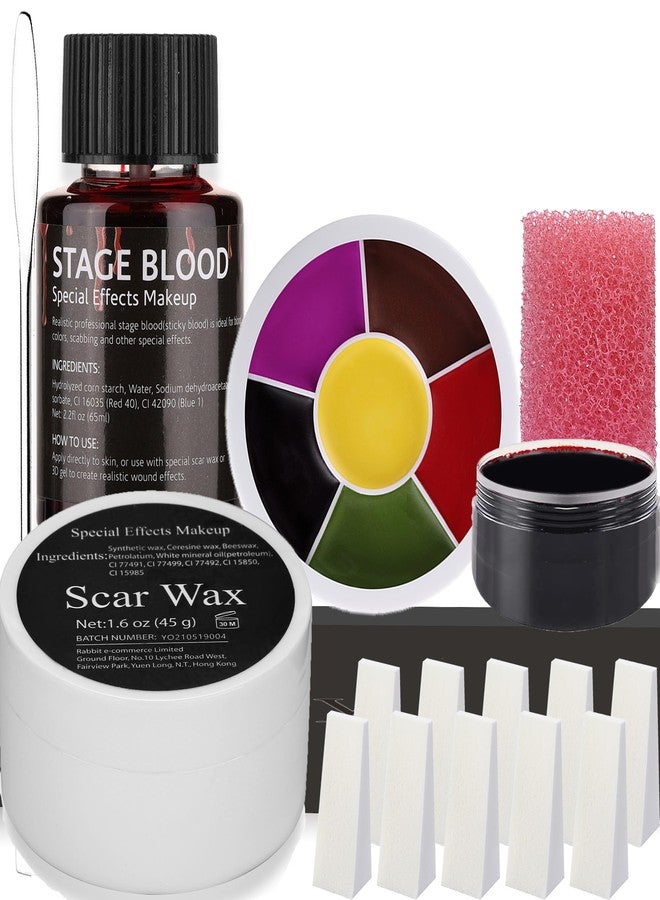 CCbeauty 7Pcs Halloween SFX Special Effects Makeup Kit - 2oz Modeling Scar Wax +6 Colors Bruise Wheel + 2.3oz Stage Blood + 1oz Coagulated Blood with Spatula + Stipple Sponge,Deep Skin - Image 1
