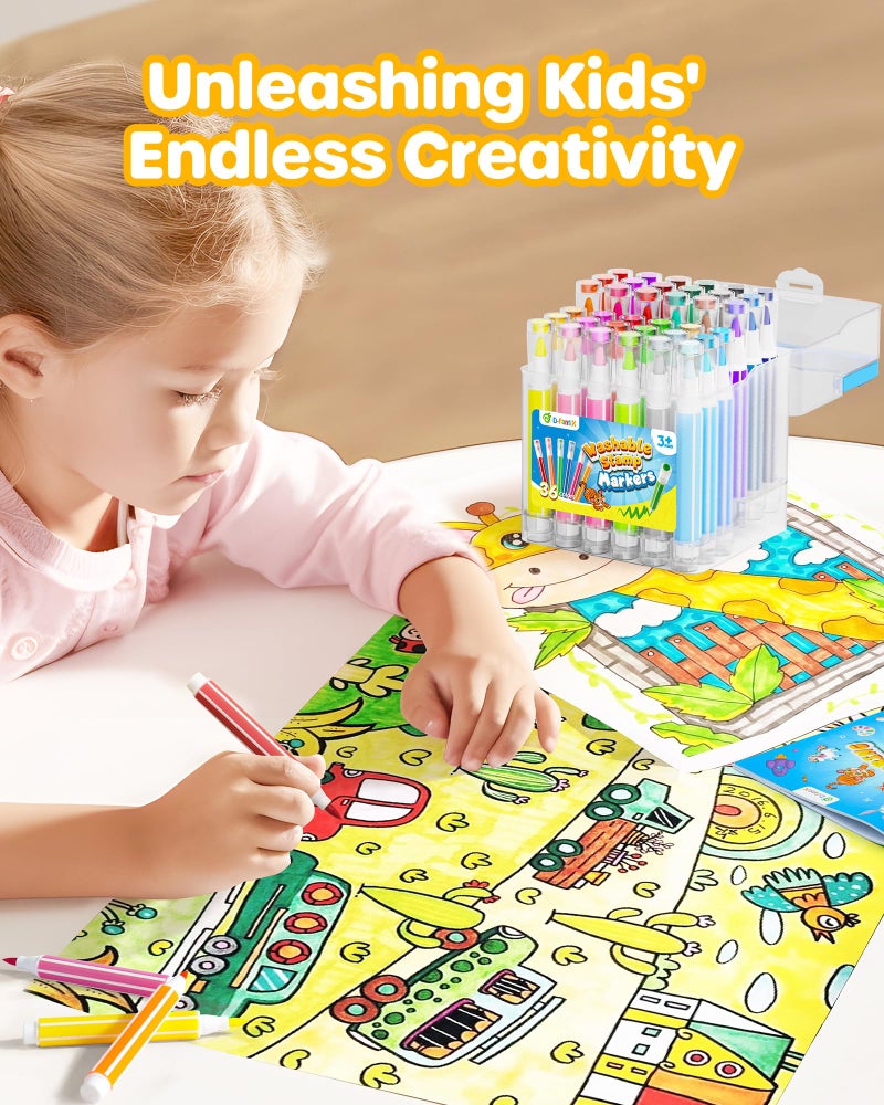 D-FantiX 36 Colors Washable Markers for Kids, Stamp Markers Coloring Set with Coloring Books and Stand Portable Box, Back to School Supplies for Girls Boys, Kids Road Trip Activities - Image 3