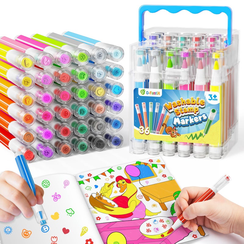 D-FantiX 36 Colors Washable Markers for Kids, Stamp Markers Coloring Set with Coloring Books and Stand Portable Box, Back to School Supplies for Girls Boys, Kids Road Trip Activities - Image 1