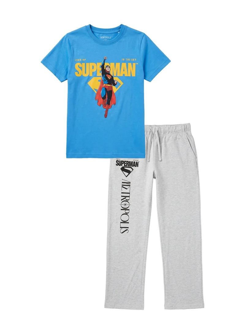 Warner Bros. Warner Bros. Superman Men's Pyjama Set | Official Superman T-Shirt & Lounge Pants Sleepwear Set | Comfortable Cotton Nightwear for Men | Superhero Loungewear & Pajama Set