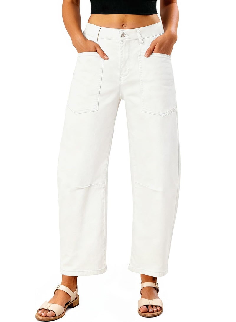 EVALESS Womens Baggy Barrel White Jeans High Waisted Wide Leg Boyfriend Denim Ankle Pants Size 12 - Image 1