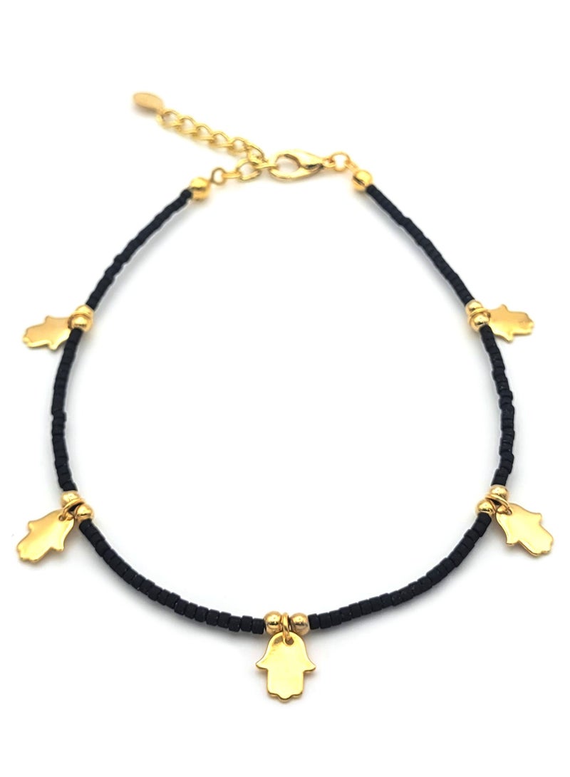 Alwan Long Size Black Anklet with Hamsa Hands  - Image 1
