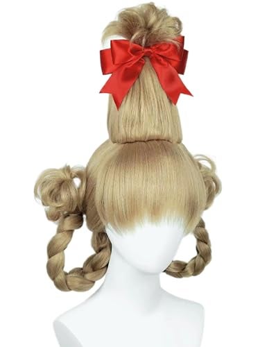 Half and Half Blonde Cindy Costume Wig with Bangs Pre-Syle Braided Wigs + Redbow-knot + Wig Cap for Women Christmas Halloween Party - Image 3