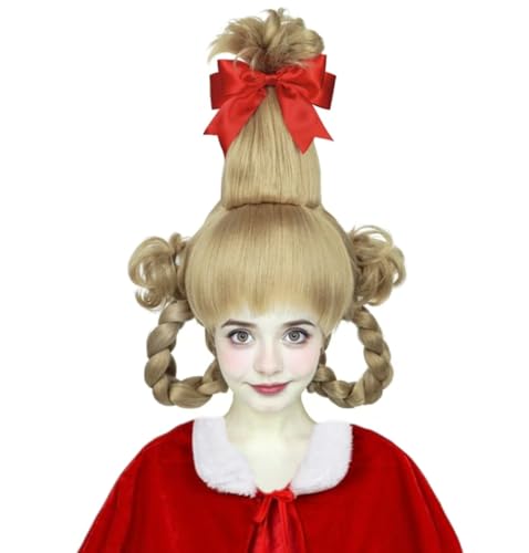 Half and Half Blonde Cindy Costume Wig with Bangs Pre-Syle Braided Wigs + Redbow-knot + Wig Cap for Women Christmas Halloween Party - Image 1
