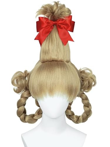 Half and Half Blonde Cindy Costume Wig with Bangs Pre-Syle Braided Wigs + Redbow-knot + Wig Cap for Women Christmas Halloween Party - Image 5