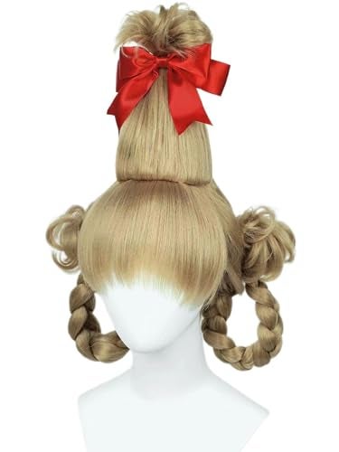 Half and Half Blonde Cindy Costume Wig with Bangs Pre-Syle Braided Wigs + Redbow-knot + Wig Cap for Women Christmas Halloween Party - Image 2
