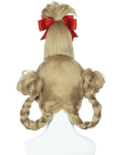 Half and Half Blonde Cindy Costume Wig with Bangs Pre-Syle Braided Wigs + Redbow-knot + Wig Cap for Women Christmas Halloween Party - Image 4