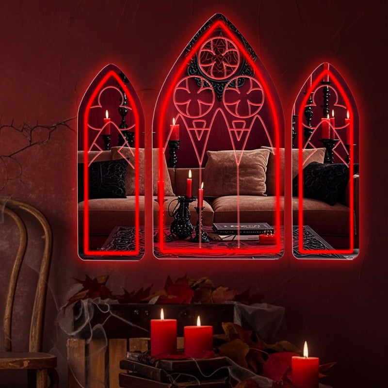 DUOLIYBC Gothic Neon Sign, Medieval Goth Mirror Set, Window Mirror Neon Signs for Wall Decor, Gothic Cathedral Decor, Witch Mirrors 16â€³ Ã— 9.4â€³ - Image 1