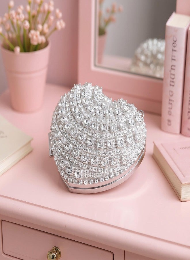 Ayliss Jewelry Trinket Box Heart Shaped Rhinestones Love Jewelry Gift Box Storage Organizer Ring/Earrings/Necklace Women Evening Clutch Rhinestone Purses (Silver) - Image 3