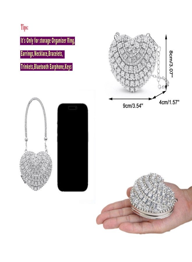 Ayliss Jewelry Trinket Box Heart Shaped Rhinestones Love Jewelry Gift Box Storage Organizer Ring/Earrings/Necklace Women Evening Clutch Rhinestone Purses (Silver) - Image 2