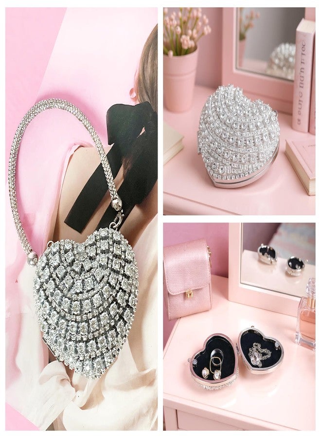 Ayliss Jewelry Trinket Box Heart Shaped Rhinestones Love Jewelry Gift Box Storage Organizer Ring/Earrings/Necklace Women Evening Clutch Rhinestone Purses (Silver) - Image 5