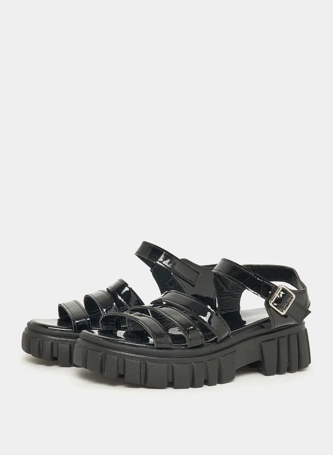 Styli Textured Buckle Closure Platform Sandals