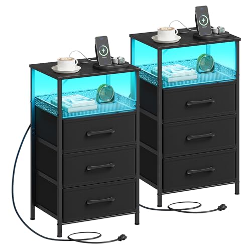 JARHETUN Night Stand Set 2 with Charging Station 3 Drawer Nightstands with LED Lights End Table with Outlets and USB Ports Side Table with Open Shelf Bedside Tables for Bedroom Black - Image 1