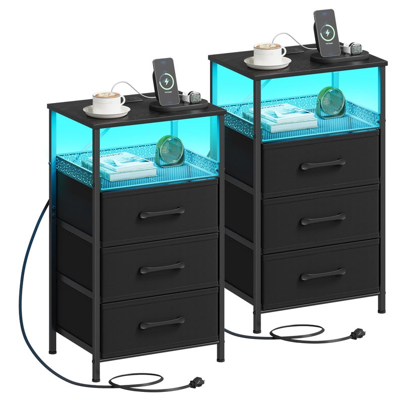 JARHETUN Night Stand Set 2 with Charging Station 3 Drawer Nightstands with LED Lights End Table with Outlets and USB Ports Side Table with Open Shelf Bedside Tables for Bedroom Black - Image 2
