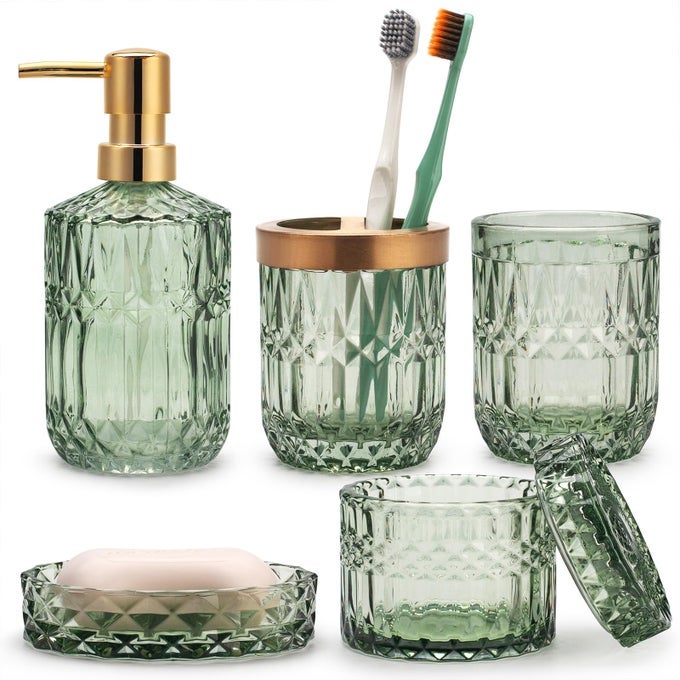 5PCS GREEN GLASS BATHROOM ACCESSORIES SETS OF LOTION DISPENSER SOAP DISH TOOTHBRUSH HOLDER TUMBLER COTTON SWAB JARS MODERN BATH DECOR VINTAGE GIFT