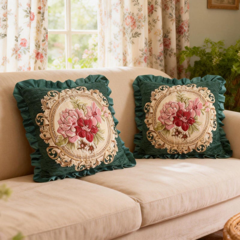 Qupace Set of 2 Spring Green Pillow Covers for Sofa Couchï¼ŒVintage Floral Pillow Covers 18x18in for Living Roomï¼ŒRetro Cushion Cover 18x18in for Bedroom - Image 1