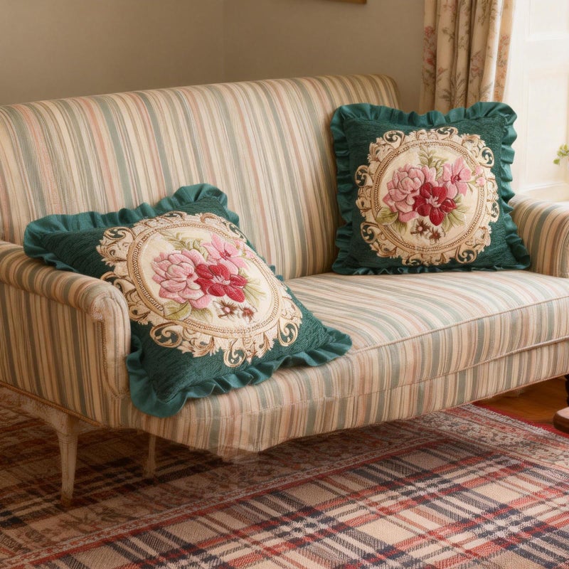Qupace Set of 2 Spring Green Pillow Covers for Sofa Couchï¼ŒVintage Floral Pillow Covers 18x18in for Living Roomï¼ŒRetro Cushion Cover 18x18in for Bedroom - Image 2