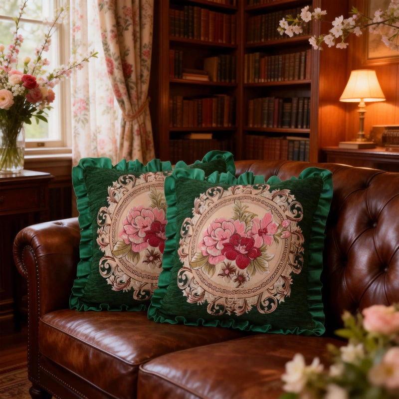 Qupace Set of 2 Spring Green Pillow Covers for Sofa Couchï¼ŒVintage Floral Pillow Covers 18x18in for Living Roomï¼ŒRetro Cushion Cover 18x18in for Bedroom - Image 4