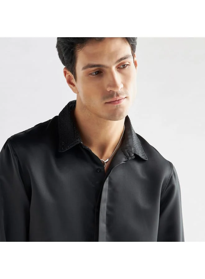 Splash FAV Solid Shirt with Embellished Collar and Long Sleeves