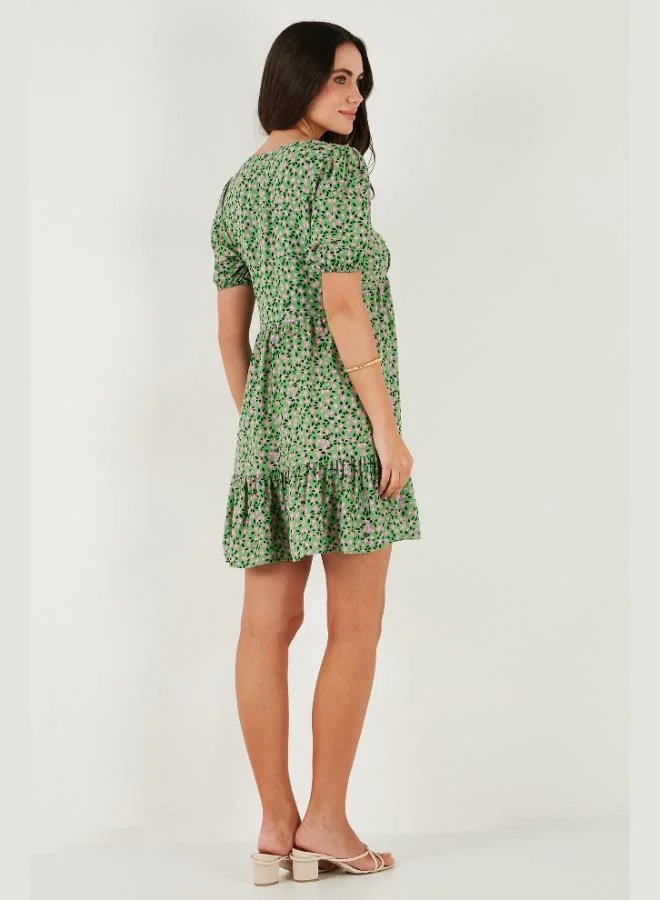 Lela  Lela Regular Fit V-Neck Balloon Sleeve Patterned Mini Dress Women's DRESS 67810045 for Women | Best Price UAE